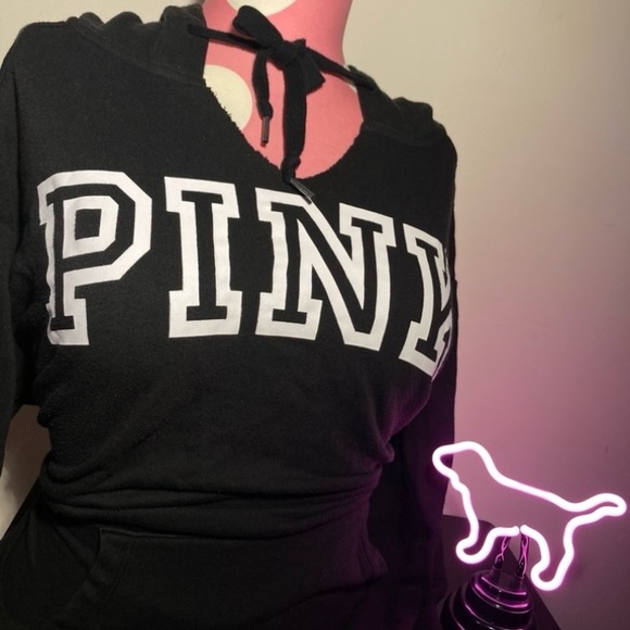 Victoria’s Secret Pink Logo Hoodie Oversized Campus Pullover Black Size Small - Picture 4 of 17